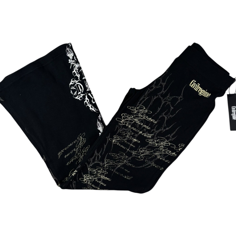 Civil Regime Flared Pants Womens Medium Black Ribbed Graphic Print Logo Pull On